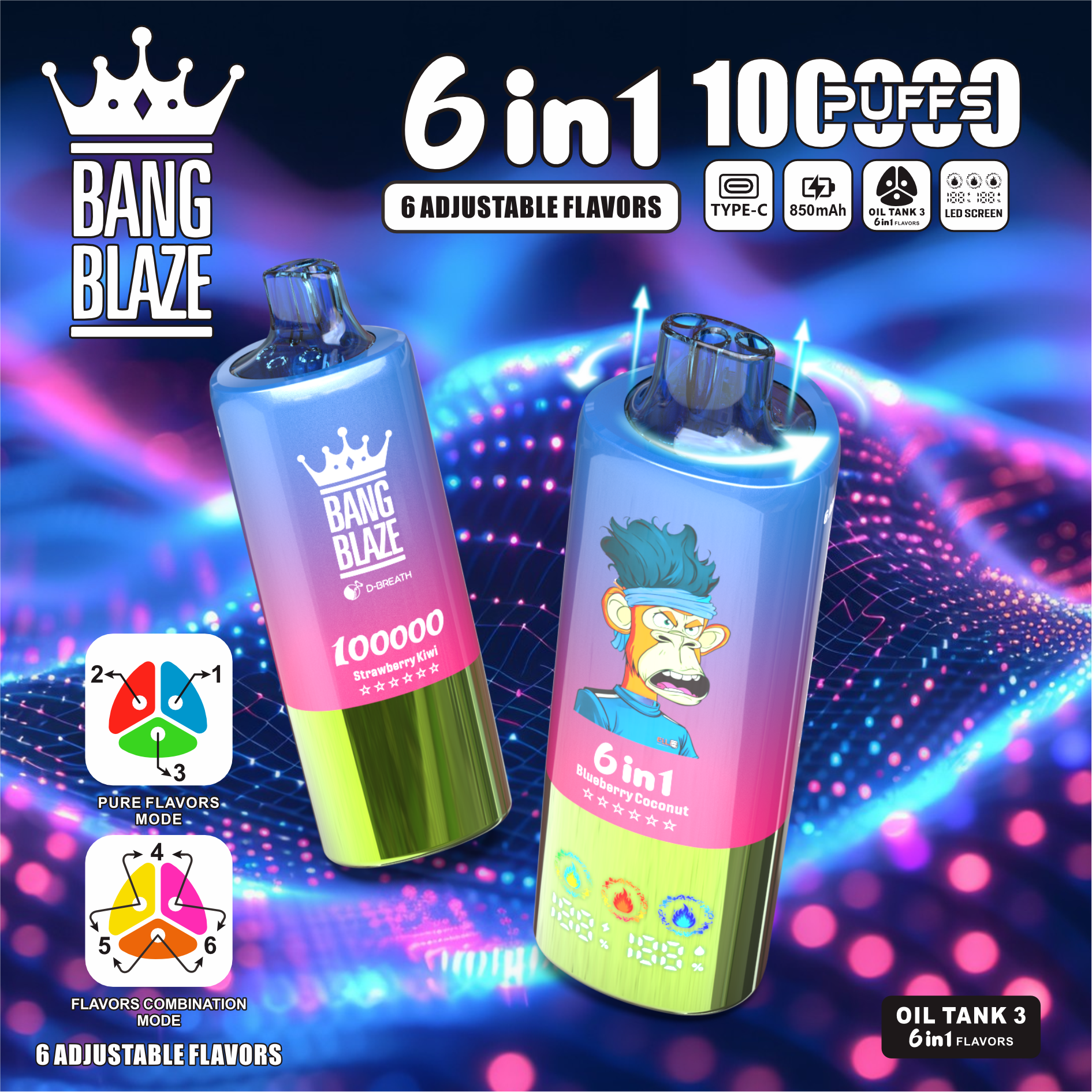 Bang Blaze 100000 100K Puffs 6 in 1 Flavors Newest Original Rechargeable LED Display Disposable Vape