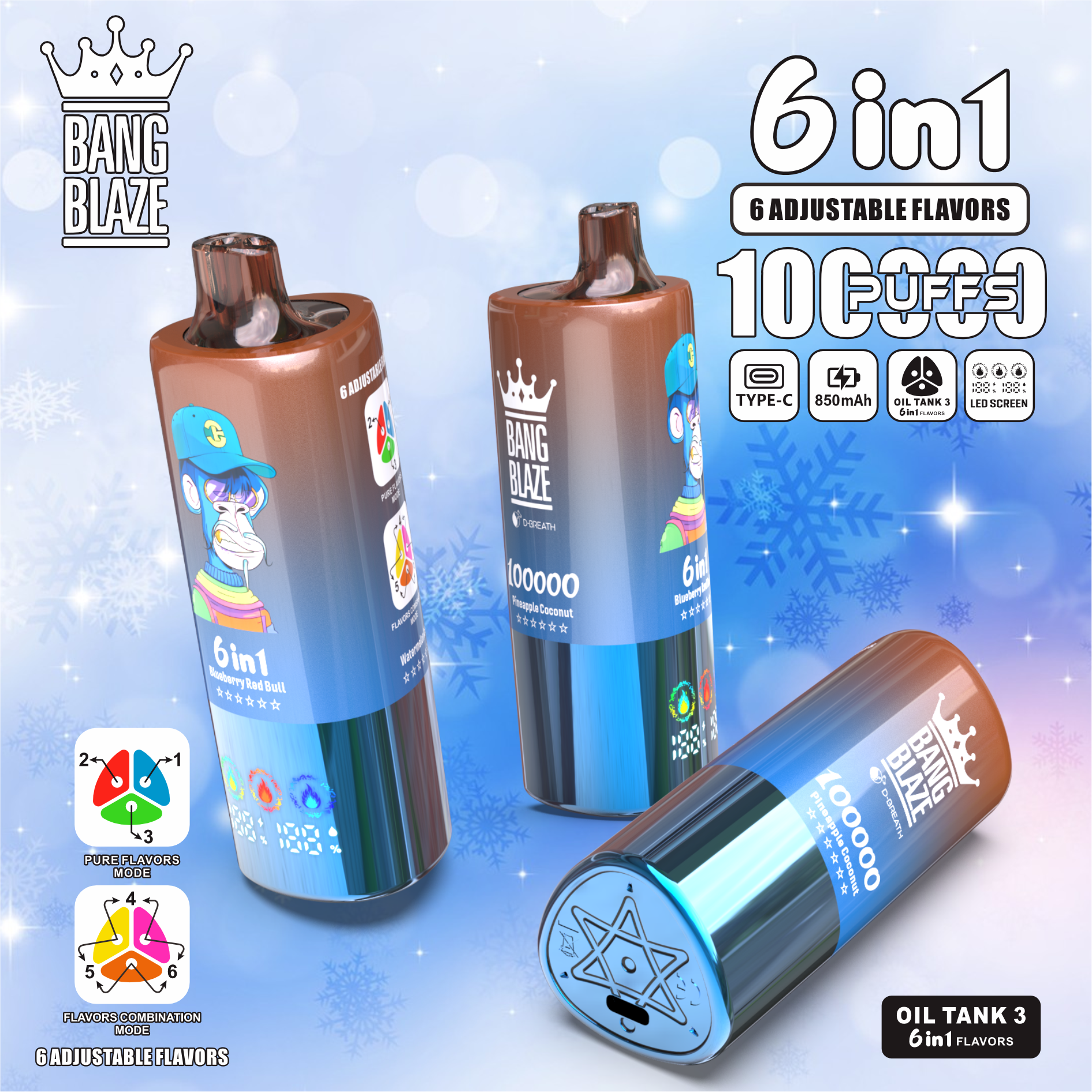 Bang Blaze 100000 100K Puffs 6 in 1 Flavors Newest Original Rechargeable LED Display Disposable Vape