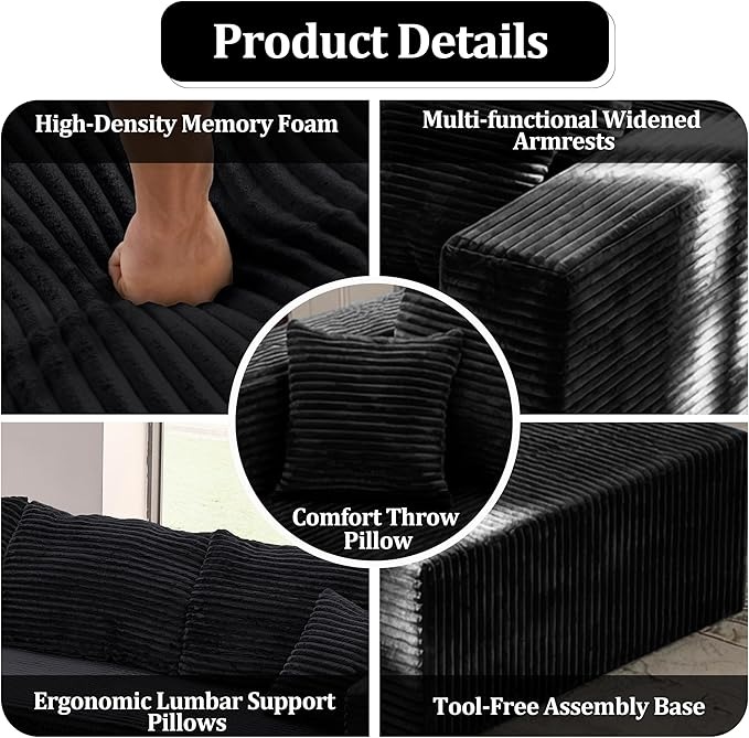 92.5'' L-Shaped Cloud Modular Sectional Sofa, Modern Corduroy Memory Foam Couch with Right Facing Chaise Lounge, Upholstered Boneless Deep Seat Fluffy Sofa, No Assembly Needed