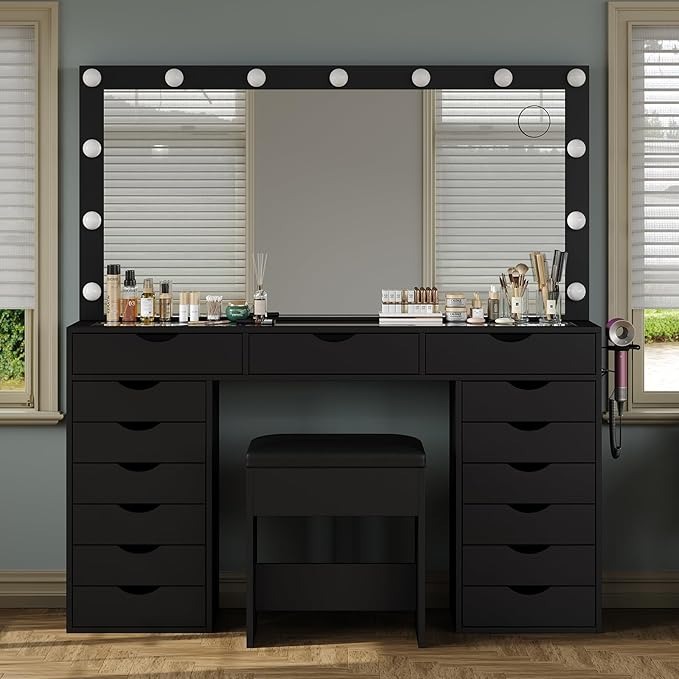 Yanosaku Vanity Desk with Mirror and Lights, Makeup Table with Charging Station, 3 Color Lighting Modes, 15 Drawers Dressing Table, Vanity with Chair for Bedroom, White