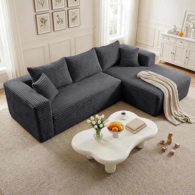 92.5'' L-Shaped Cloud Modular Sectional Sofa, Modern Corduroy Memory Foam Couch with Right Facing Chaise Lounge, Upholstered Boneless Deep Seat Fluffy Sofa, No Assembly Needed