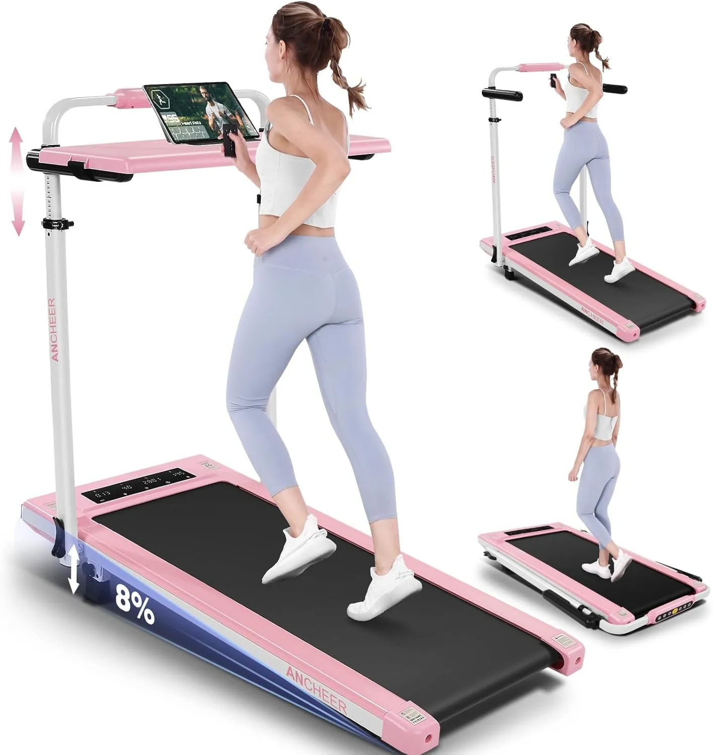 【New Customer Special Price】ANCHEER Walking Pad with Desk 47-50.5 Inch Adjustable Height, 8 in 1 Treadmill with 8% Incline for Home Workstation