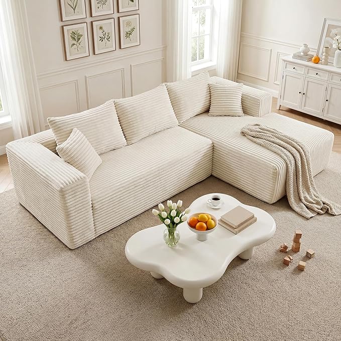 92.5'' L-Shaped Cloud Modular Sectional Sofa, Modern Corduroy Memory Foam Couch with Right Facing Chaise Lounge, Upholstered Boneless Deep Seat Fluffy Sofa, No Assembly Needed