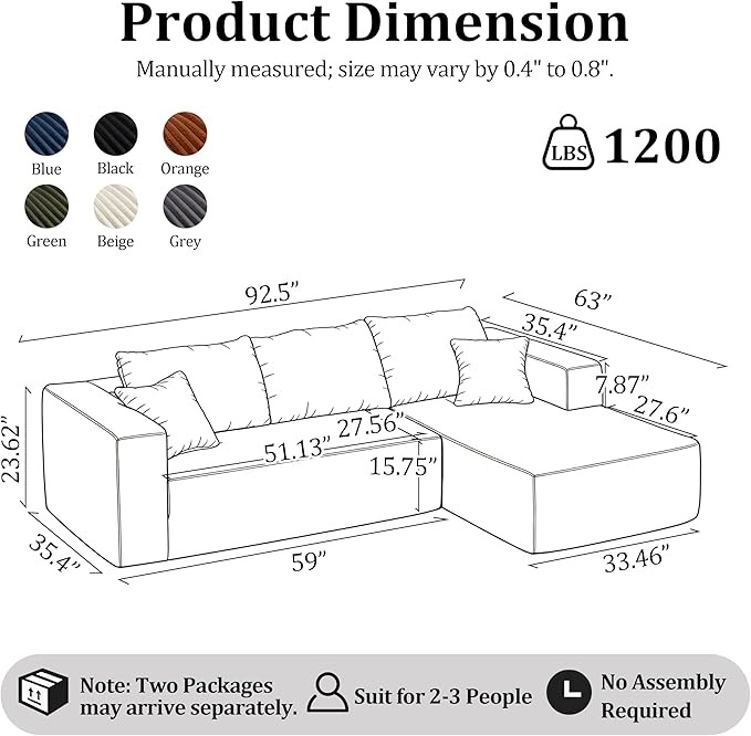 92.5'' L-Shaped Cloud Modular Sectional Sofa, Modern Corduroy Memory Foam Couch with Right Facing Chaise Lounge, Upholstered Boneless Deep Seat Fluffy Sofa, No Assembly Needed