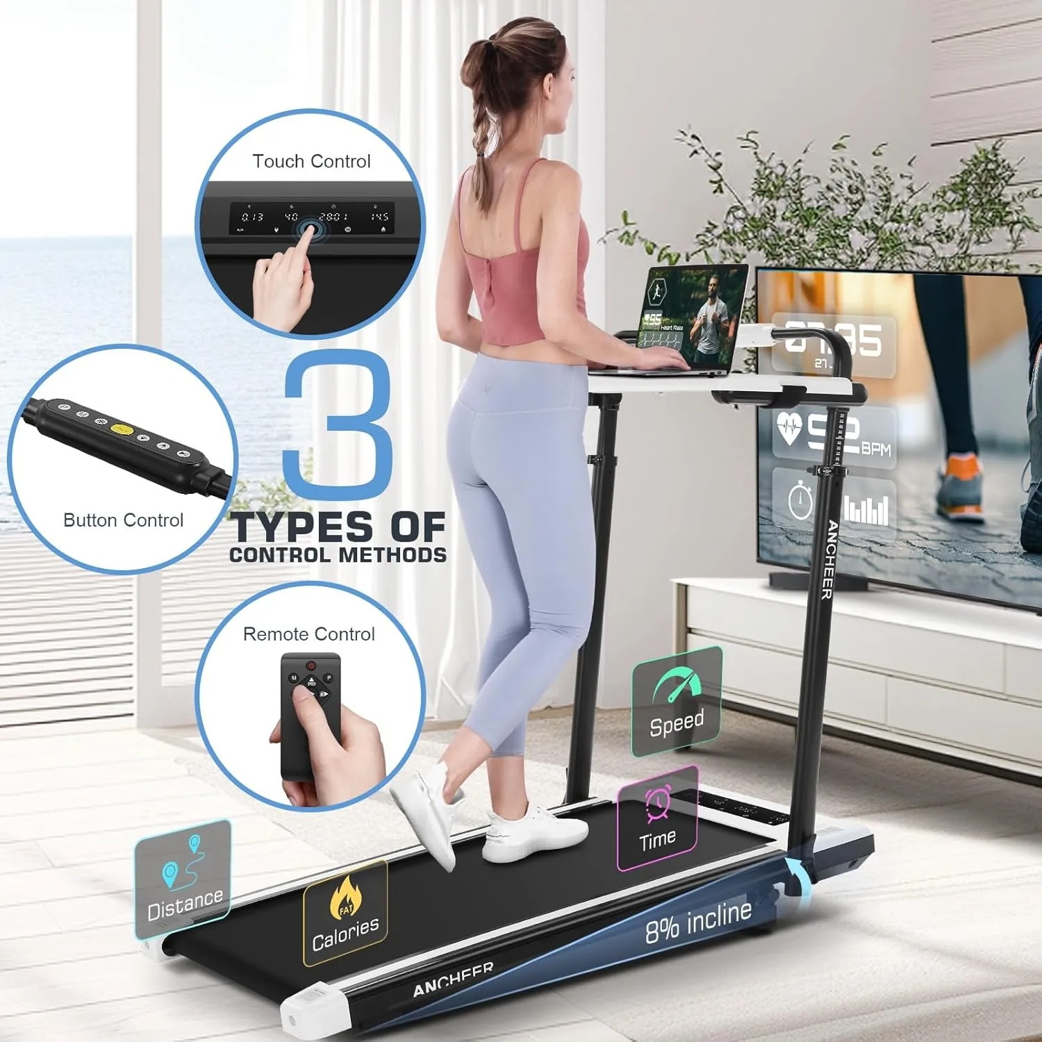 【New Customer Special Price】ANCHEER Walking Pad with Desk 47-50.5 Inch Adjustable Height, 8 in 1 Treadmill with 8% Incline for Home Workstation