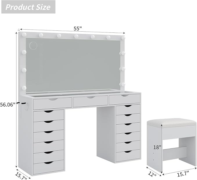 Yanosaku Vanity Desk with Mirror and Lights, Makeup Table with Charging Station, 3 Color Lighting Modes, 15 Drawers Dressing Table, Vanity with Chair for Bedroom, White