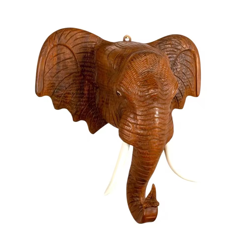 Hand Carved Wood African Elephant Head Wall Decor Lanna Artisan High Quality Craftsmanship Created By Skilled Lanna