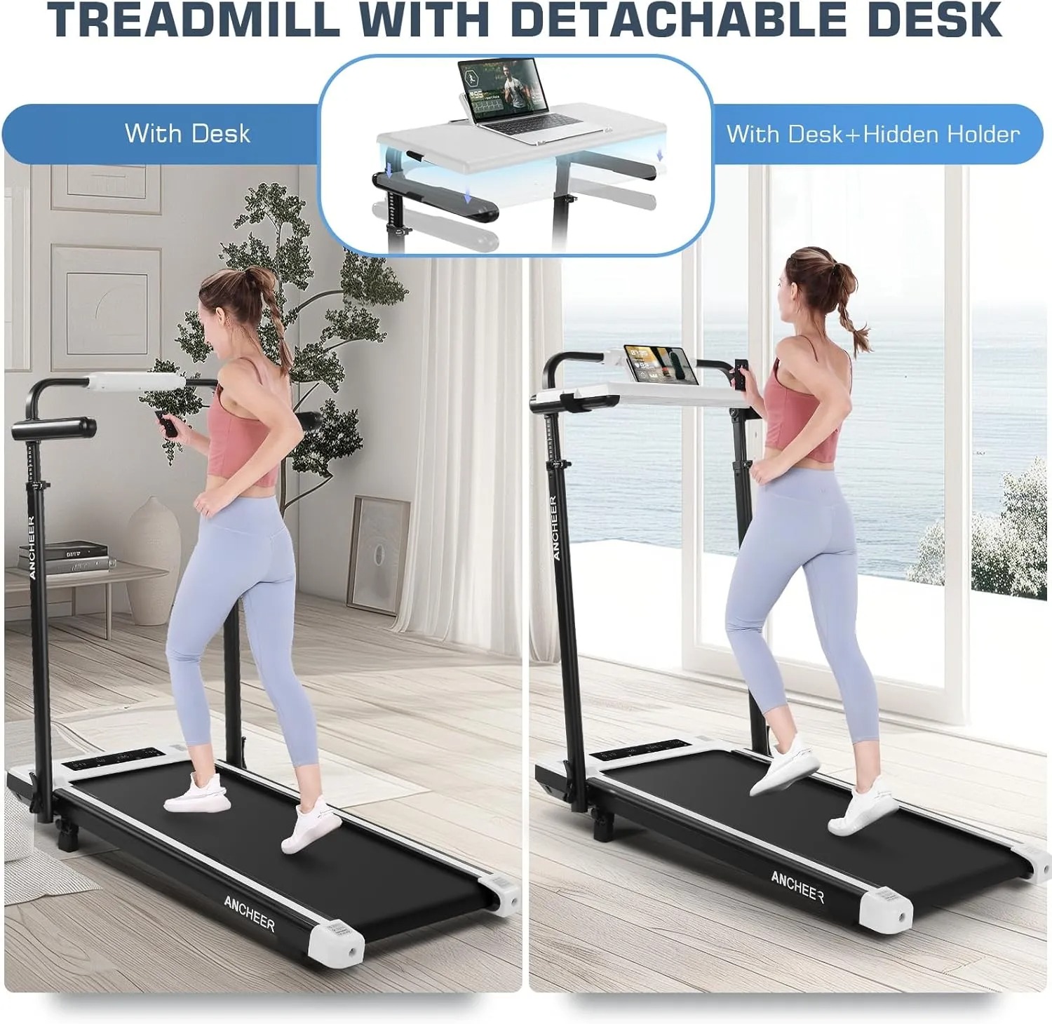 【New Customer Special Price】ANCHEER Walking Pad with Desk 47-50.5 Inch Adjustable Height, 8 in 1 Treadmill with 8% Incline for Home Workstation