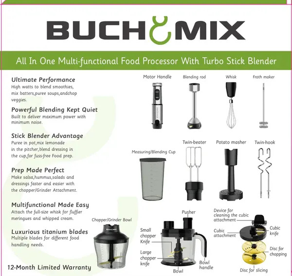 12 IN 1 Food processor with Turbo Stick Immersion Blender