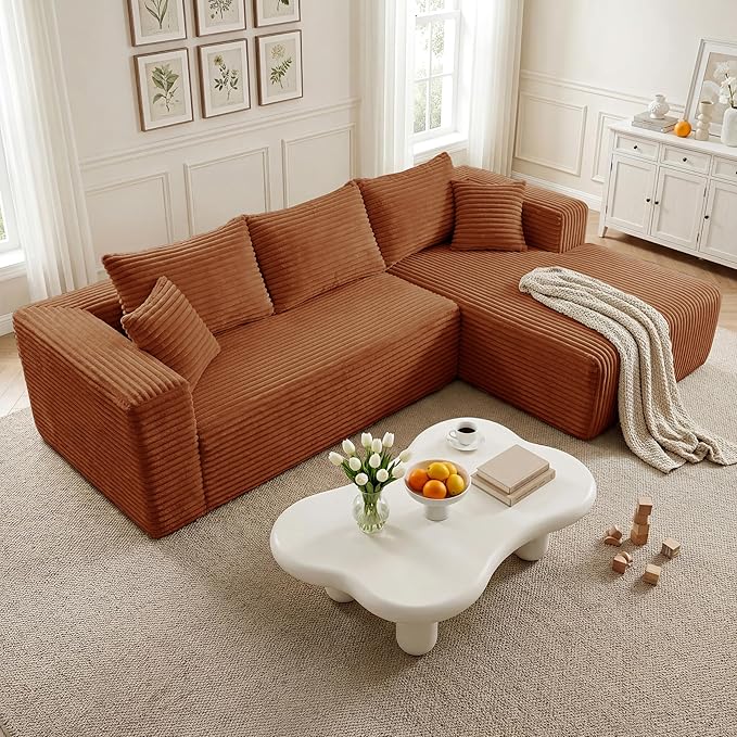 92.5'' L-Shaped Cloud Modular Sectional Sofa, Modern Corduroy Memory Foam Couch with Right Facing Chaise Lounge, Upholstered Boneless Deep Seat Fluffy Sofa, No Assembly Needed