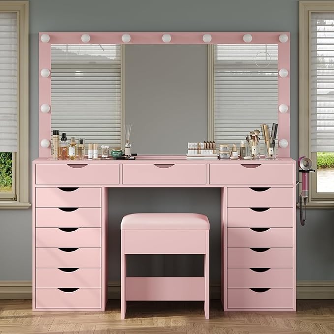 Yanosaku Vanity Desk with Mirror and Lights, Makeup Table with Charging Station, 3 Color Lighting Modes, 15 Drawers Dressing Table, Vanity with Chair for Bedroom, White