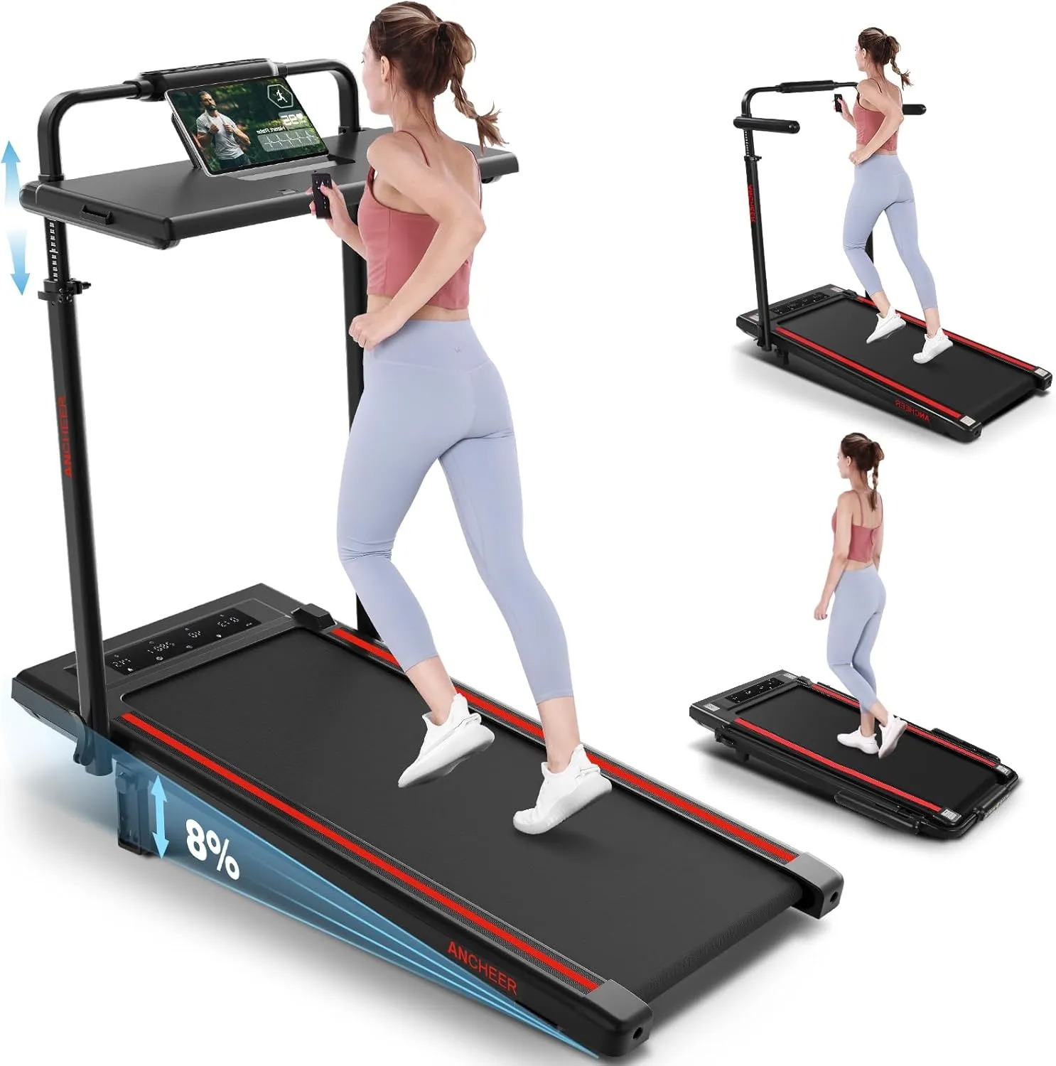【New Customer Special Price】ANCHEER Walking Pad with Desk 47-50.5 Inch Adjustable Height, 8 in 1 Treadmill with 8% Incline for Home Workstation