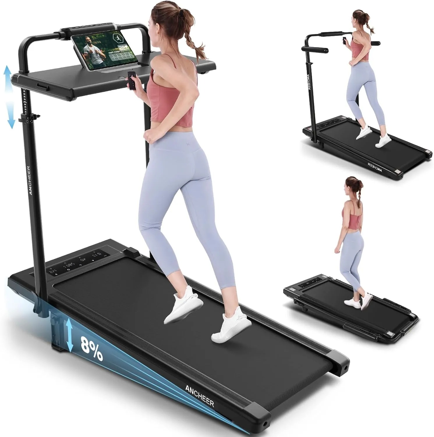 【New Customer Special Price】ANCHEER Walking Pad with Desk 47-50.5 Inch Adjustable Height, 8 in 1 Treadmill with 8% Incline for Home Workstation