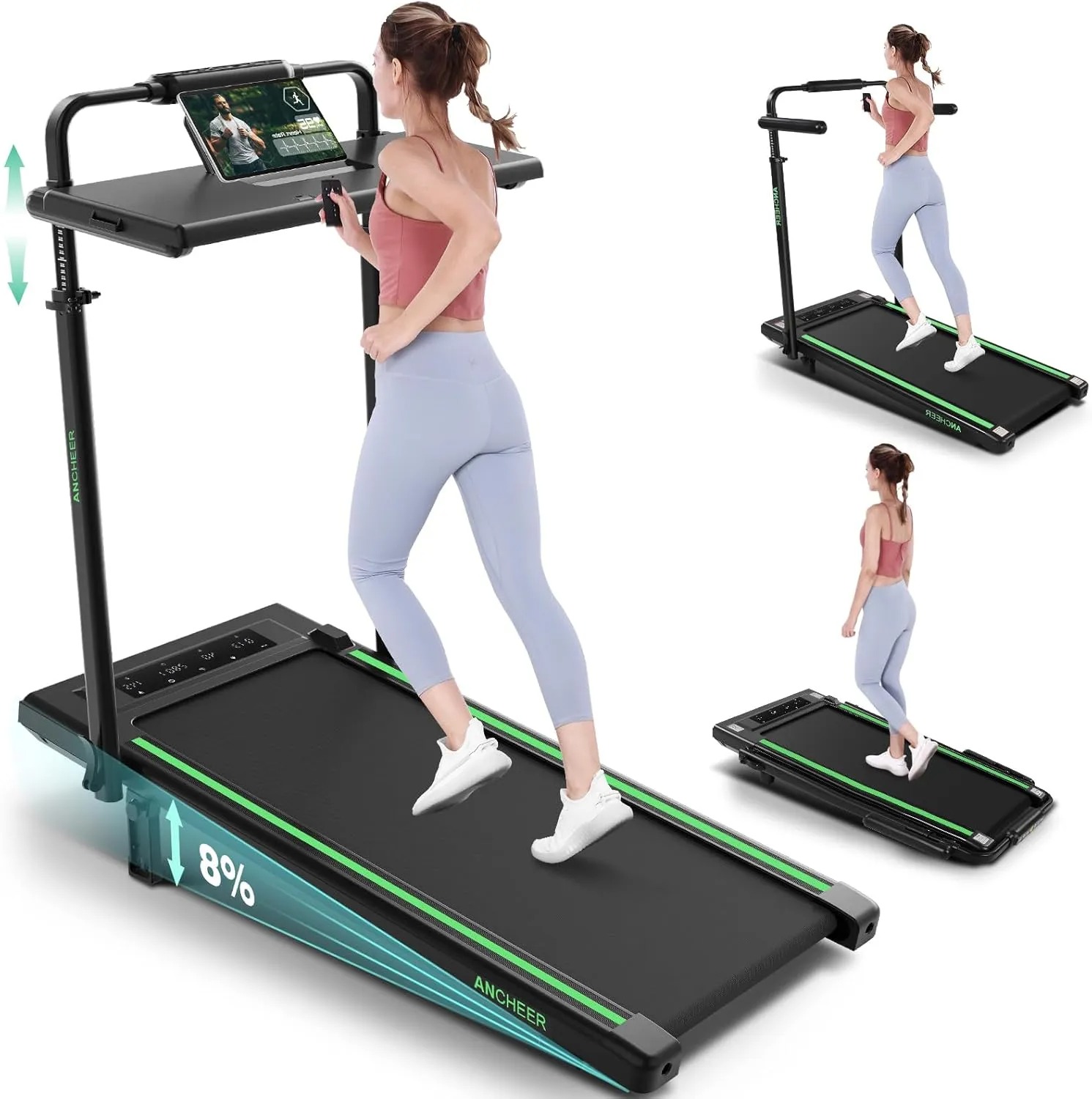 【New Customer Special Price】ANCHEER Walking Pad with Desk 47-50.5 Inch Adjustable Height, 8 in 1 Treadmill with 8% Incline for Home Workstation