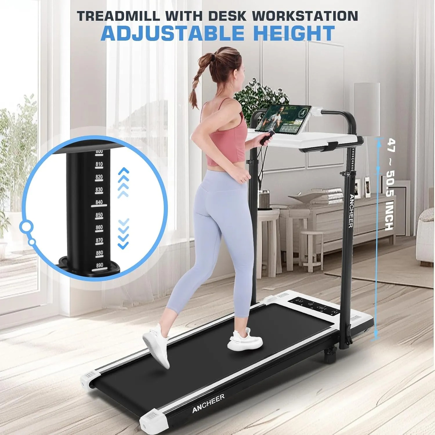 【New Customer Special Price】ANCHEER Walking Pad with Desk 47-50.5 Inch Adjustable Height, 8 in 1 Treadmill with 8% Incline for Home Workstation