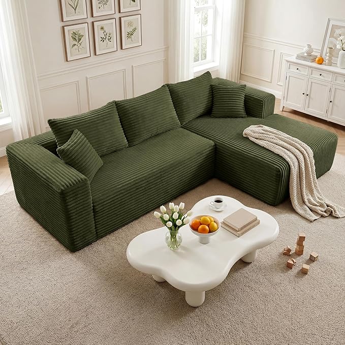 92.5'' L-Shaped Cloud Modular Sectional Sofa, Modern Corduroy Memory Foam Couch with Right Facing Chaise Lounge, Upholstered Boneless Deep Seat Fluffy Sofa, No Assembly Needed