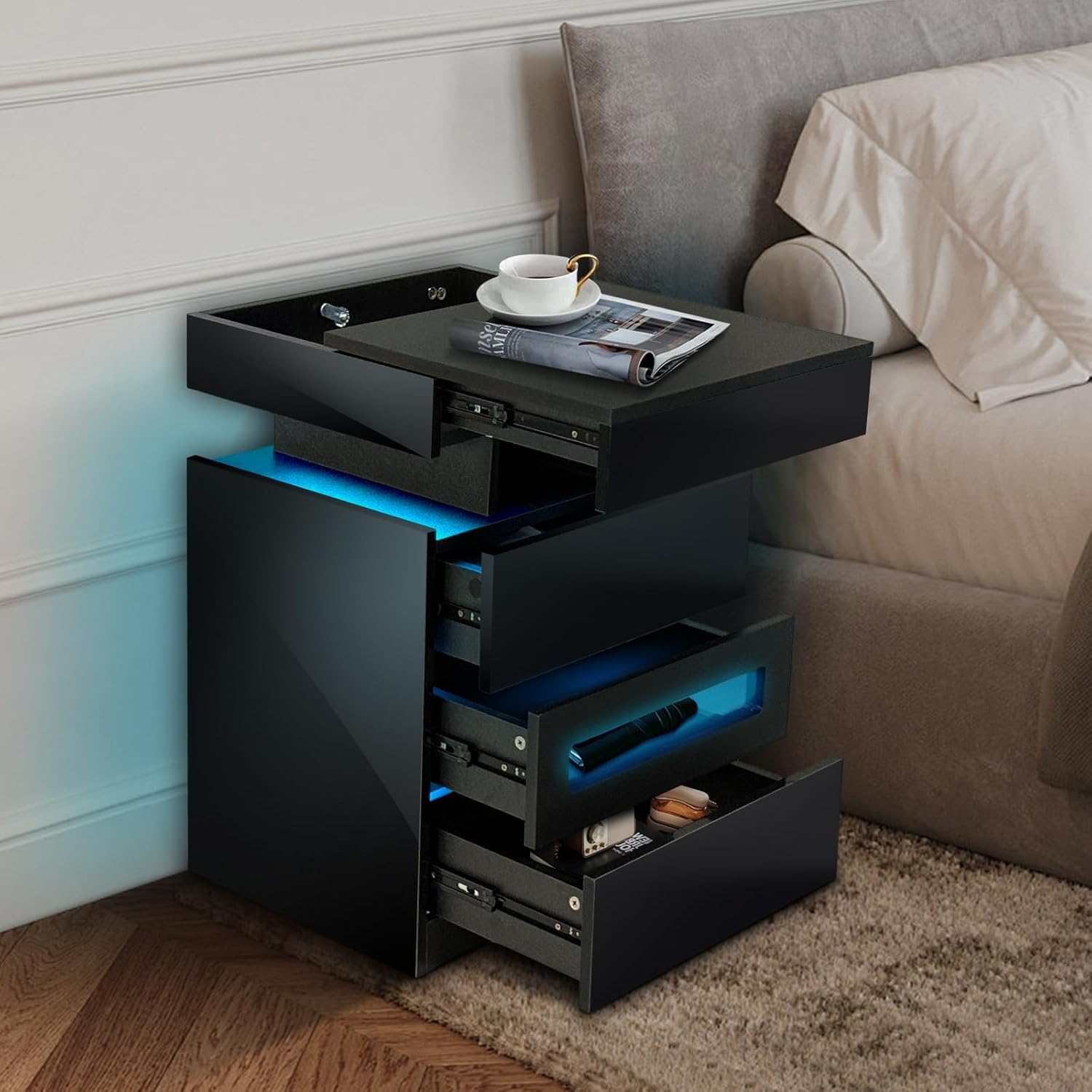 ❤️Local shipping, only GH₵ 359❤️Night Stand with Gun Drawer, Modern Nightstand with Led Lights and Hidden Compartment, Charging Bedside Table Nightstand with USB C Port Storage Shelves for Bedroom