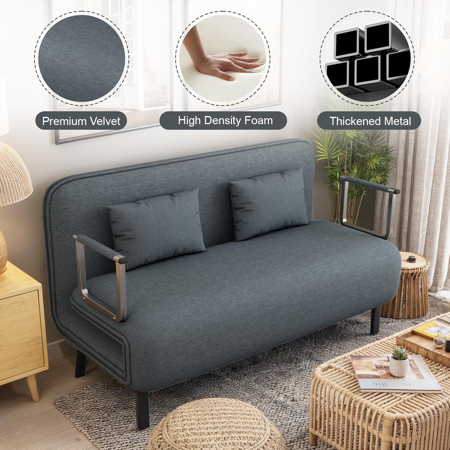 55″ Convertible Sleeper Sofa Bed 3-in-1 Velvet Futon Sofa Bed with Adjustable Backrest & Pillows Tri-Folding Chair Bed Leisure Chaise Lounge Couch with Sturdy Metal Frame for Home & Office