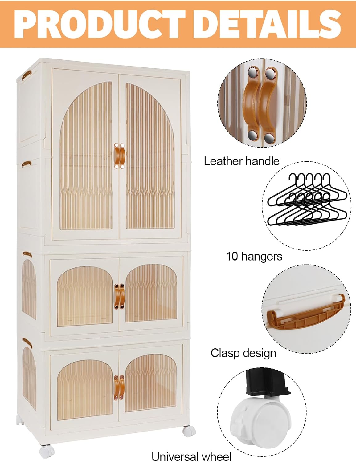 Kalolary Portable Kids Closet, Children's Wardrobe Collapsible Plastic Wardrobe with Wheels Foldable Baby Clothes Cabinet Toddler Dresser Storage Organizer with Hanging Rod & 10 Hangers