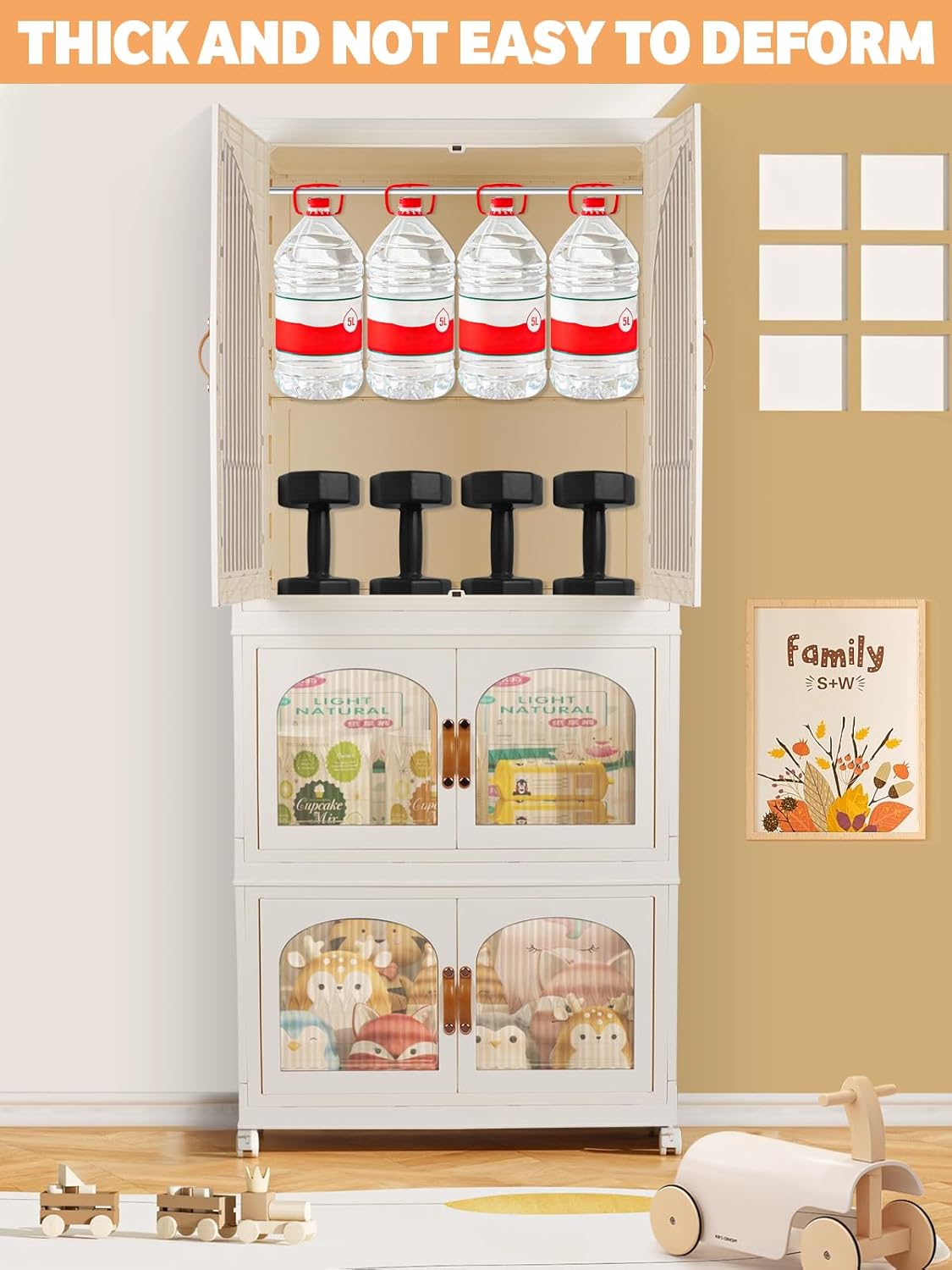 Kalolary Portable Kids Closet, Children's Wardrobe Collapsible Plastic Wardrobe with Wheels Foldable Baby Clothes Cabinet Toddler Dresser Storage Organizer with Hanging Rod & 10 Hangers