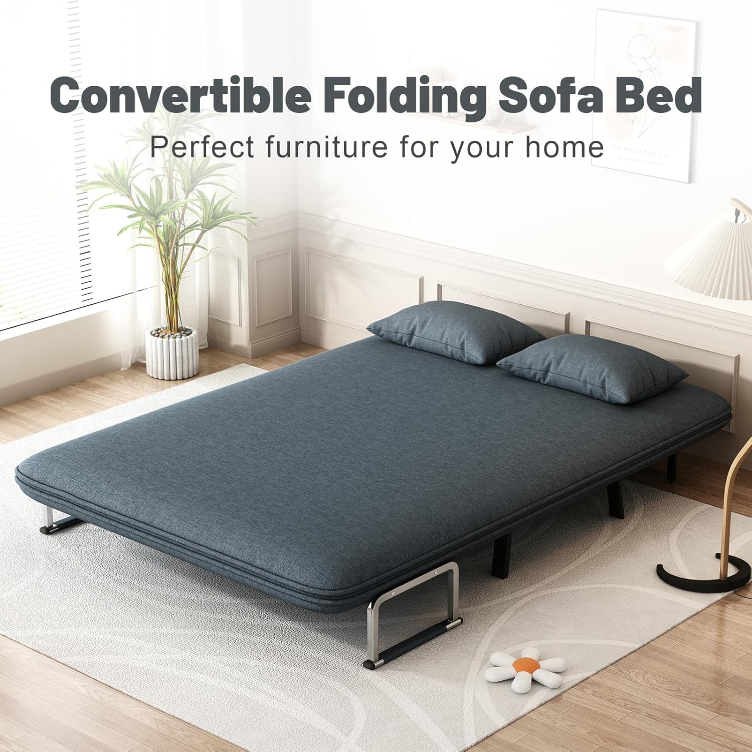 55″ Convertible Sleeper Sofa Bed 3-in-1 Velvet Futon Sofa Bed with Adjustable Backrest & Pillows Tri-Folding Chair Bed Leisure Chaise Lounge Couch with Sturdy Metal Frame for Home & Office