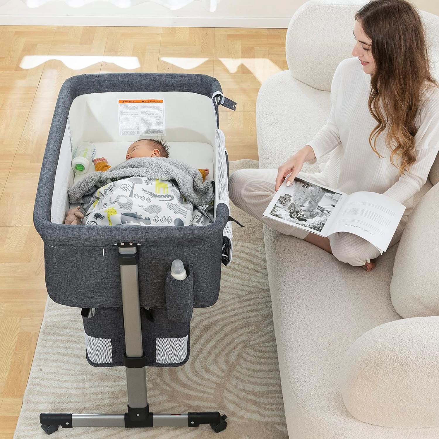 🔥【Final Discount - GH₵ 318】Ihoming Baby Bassinet Bedside Sleeper, Baby Bed Side Crib with Storage Basket, Easy Folding Bassinets, Adjustable Baby Bed for Infant Newborn