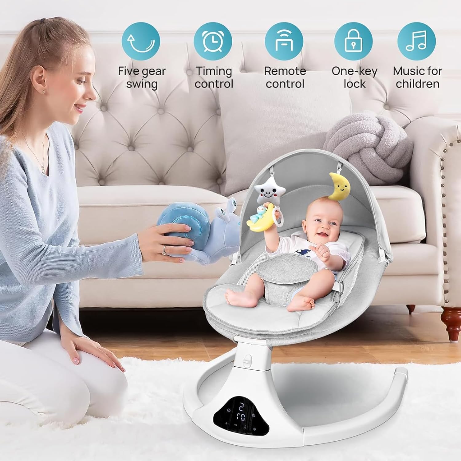 🔥HOT SALE🔥 Electric Baby Swing with Remote Control - 5 Natural Motion Speeds, Detachable Seat Pad | Portable Infant Swing for Indoor/Outdoor Use (0-12M, 20lbs)