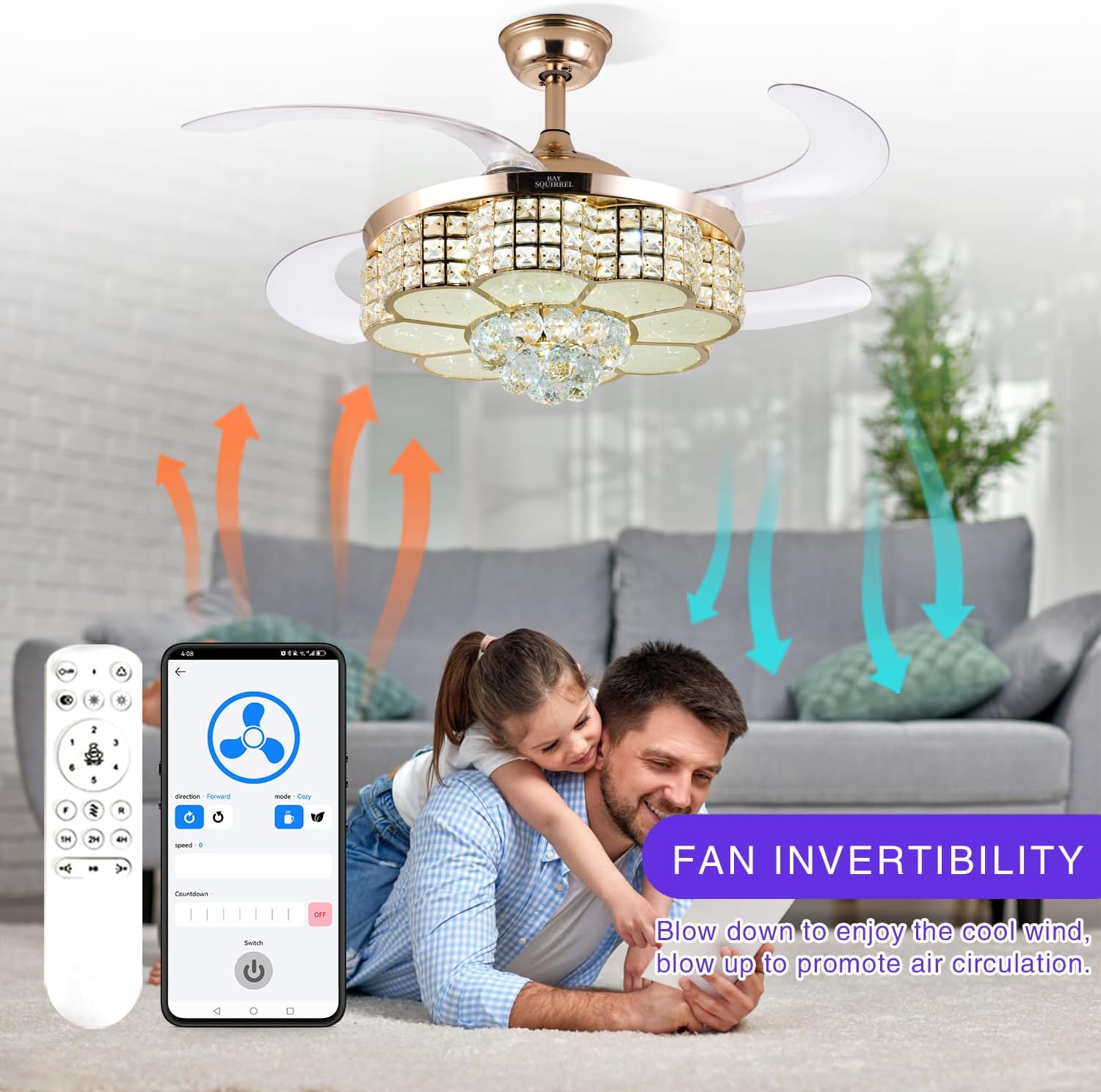 BAYSQUIRREL Retractable Crystal Ceiling Fan with Light, Bluetooth Ceiling Fan with Speaker, RGB-LED Light 6 Speed Reversible Low Profile Modern Invisible Ceiling Fan,Remote and APP Control