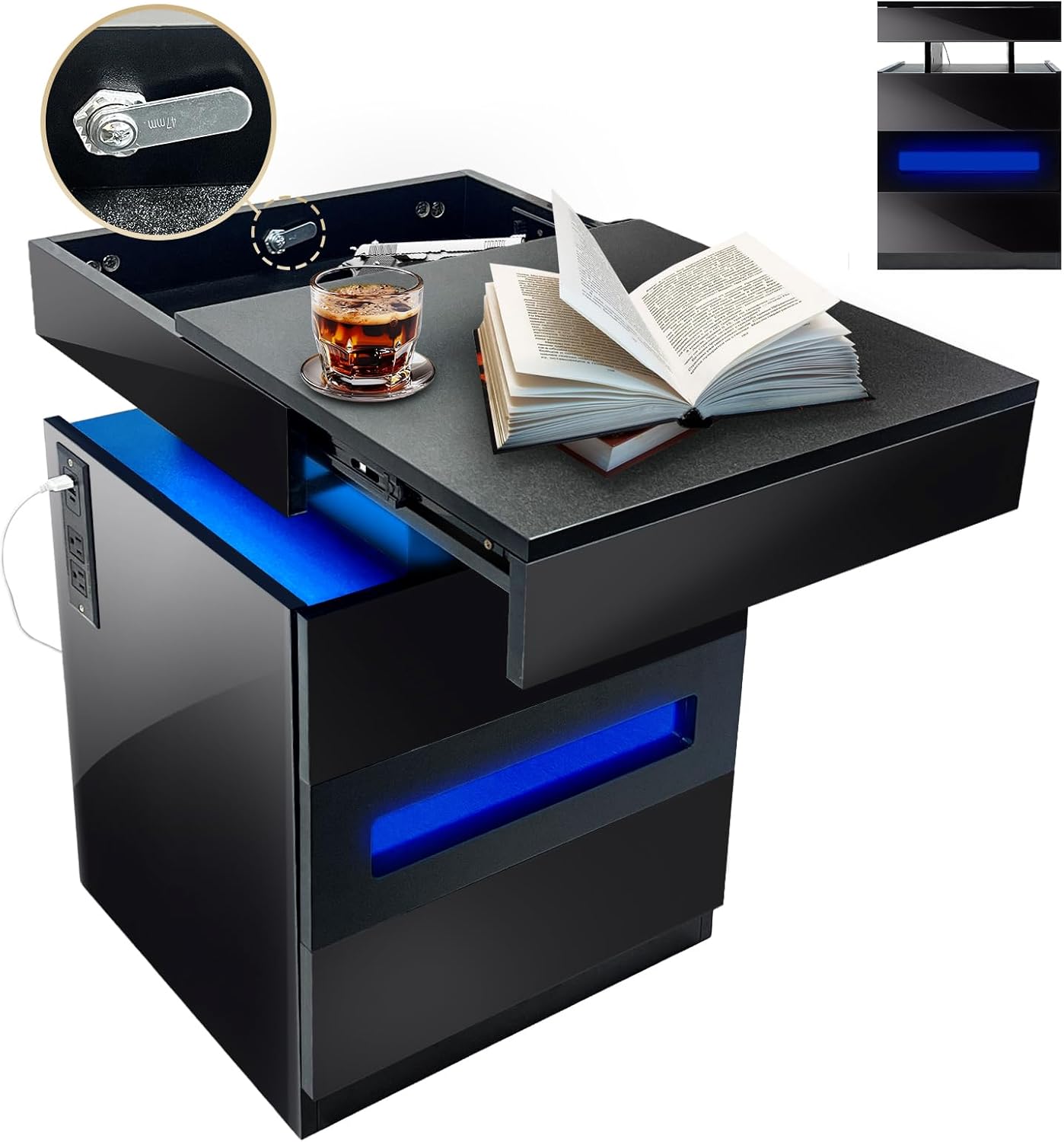 ❤️Local shipping, only GH₵ 359❤️Night Stand with Gun Drawer, Modern Nightstand with Led Lights and Hidden Compartment, Charging Bedside Table Nightstand with USB C Port Storage Shelves for Bedroom