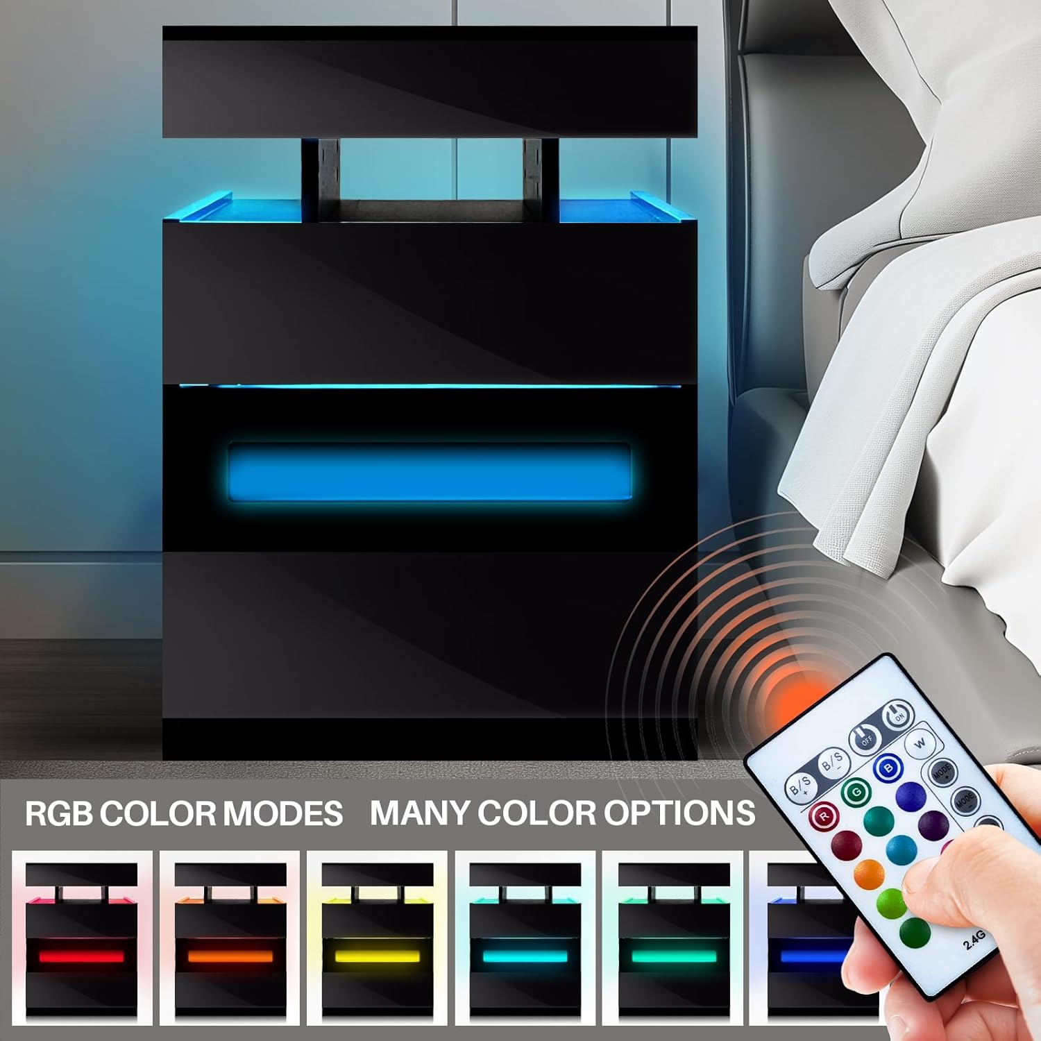 ❤️Local shipping, only GH₵ 359❤️Night Stand with Gun Drawer, Modern Nightstand with Led Lights and Hidden Compartment, Charging Bedside Table Nightstand with USB C Port Storage Shelves for Bedroom