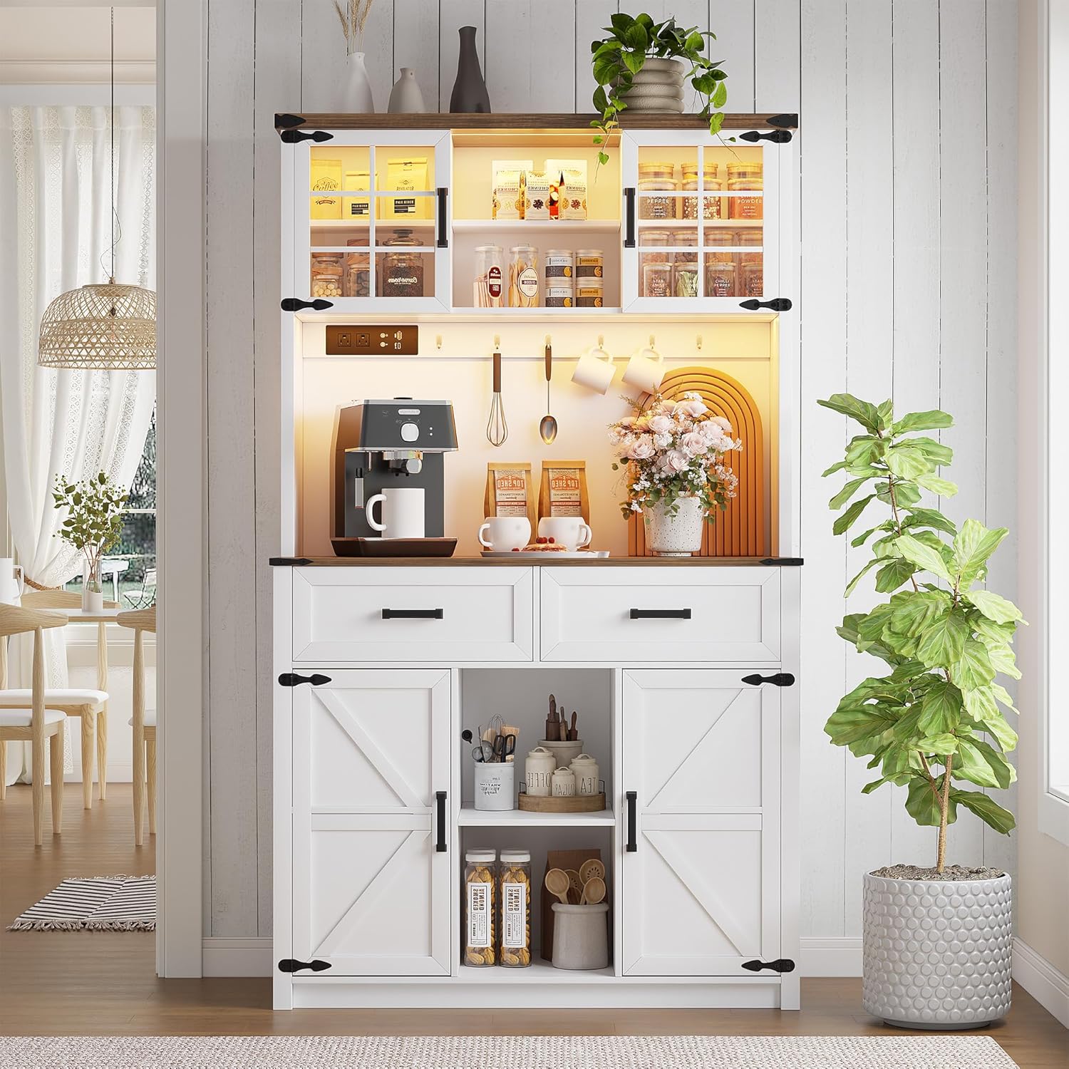 (Clearance price, only GH₵ 490) HWB Coffee Bar Cabinet with Power Outlets, Farmhouse Buffet Sideboard with Barn Door and 3 Color LED Lights, Home Liquor Bar w/Storage Shelves for Dining Room,Antique White