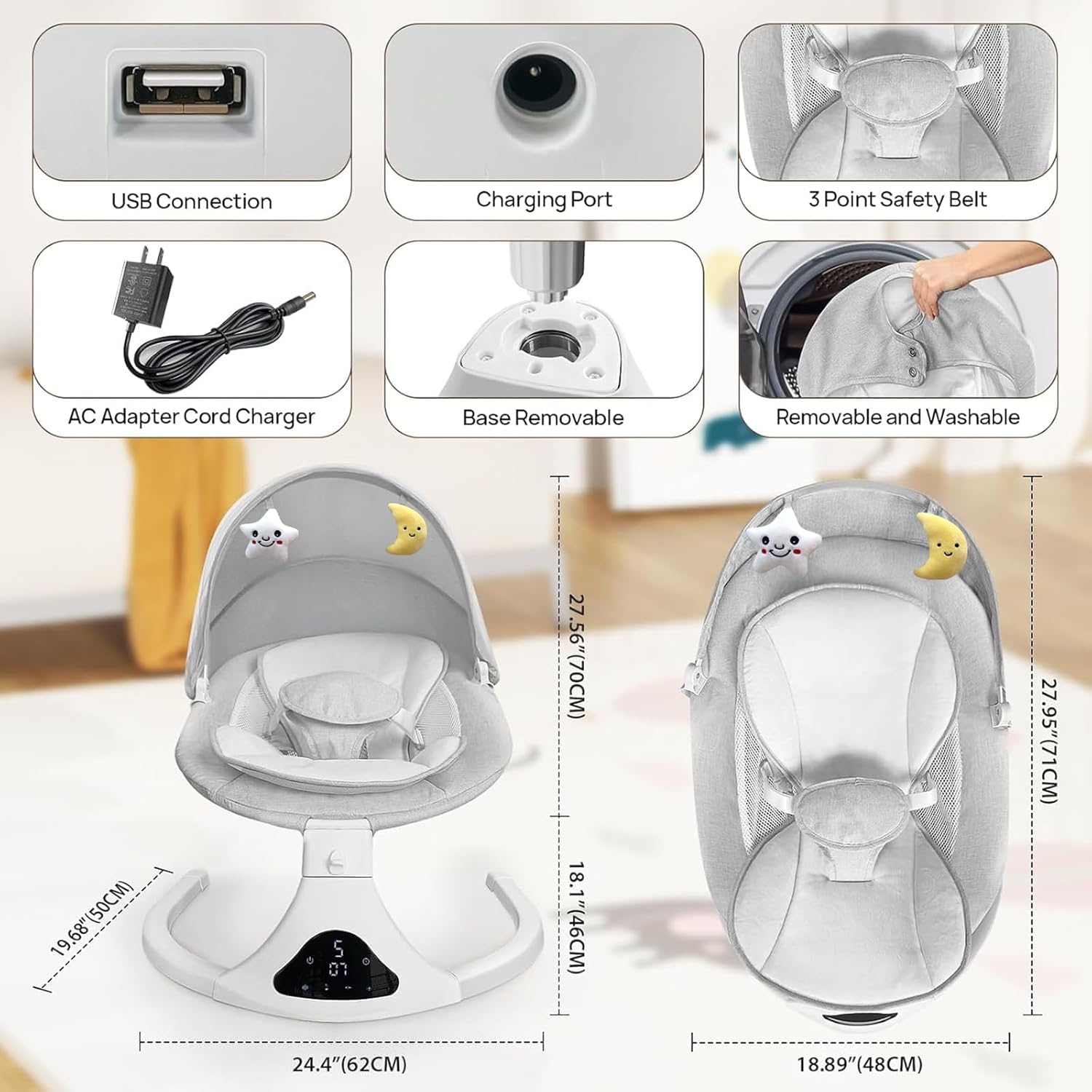 🔥HOT SALE🔥 Electric Baby Swing with Remote Control - 5 Natural Motion Speeds, Detachable Seat Pad | Portable Infant Swing for Indoor/Outdoor Use (0-12M, 20lbs)