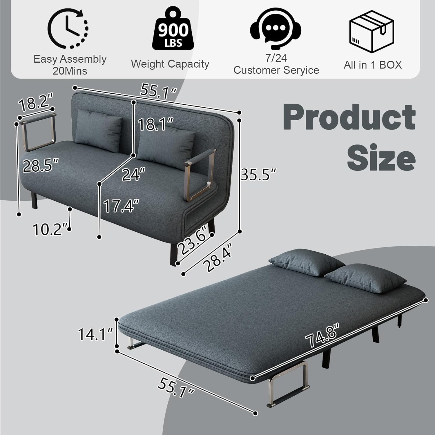 55″ Convertible Sleeper Sofa Bed 3-in-1 Velvet Futon Sofa Bed with Adjustable Backrest & Pillows Tri-Folding Chair Bed Leisure Chaise Lounge Couch with Sturdy Metal Frame for Home & Office