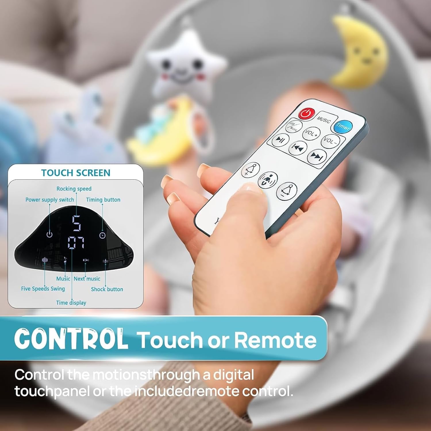 🔥HOT SALE🔥 Electric Baby Swing with Remote Control - 5 Natural Motion Speeds, Detachable Seat Pad | Portable Infant Swing for Indoor/Outdoor Use (0-12M, 20lbs)