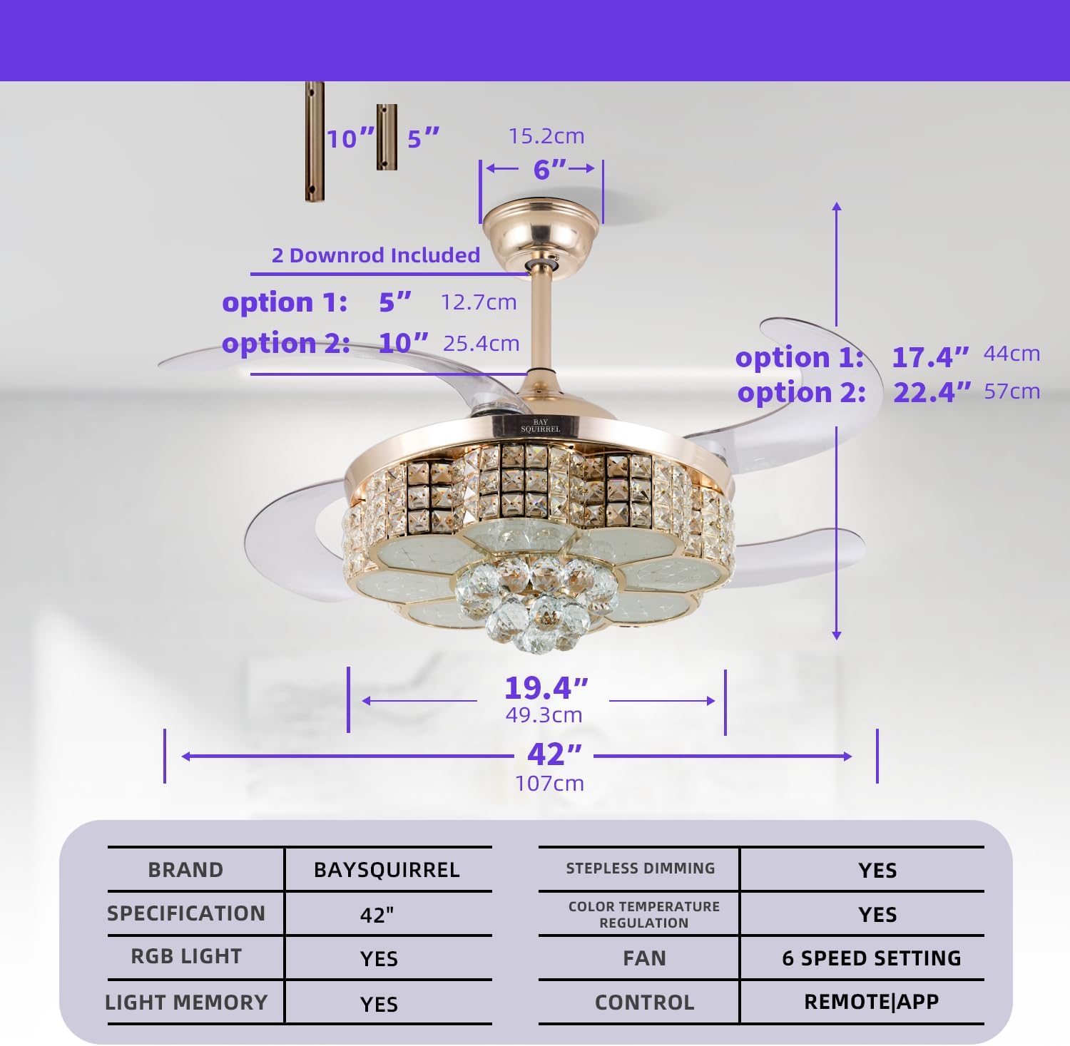 BAYSQUIRREL Retractable Crystal Ceiling Fan with Light, Bluetooth Ceiling Fan with Speaker, RGB-LED Light 6 Speed Reversible Low Profile Modern Invisible Ceiling Fan,Remote and APP Control
