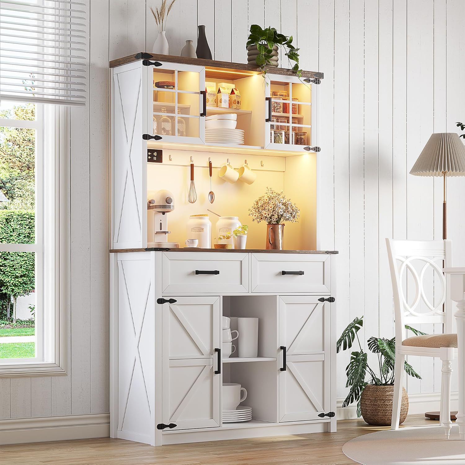 (Clearance price, only GH₵ 490) HWB Coffee Bar Cabinet with Power Outlets, Farmhouse Buffet Sideboard with Barn Door and 3 Color LED Lights, Home Liquor Bar w/Storage Shelves for Dining Room,Antique White