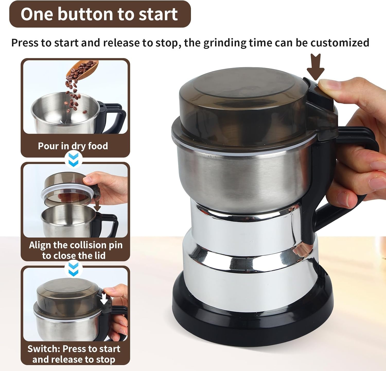 🔥【Only 99gh, last day!】Electric Coffee Grinders，150-300w Silver Spice Grinder, One-Button Operation to Grinder Coffee Beans, Spices, Dry Herbs, Nuts, etc.1 Plastic Brush and 1 Plastic Spoon Included