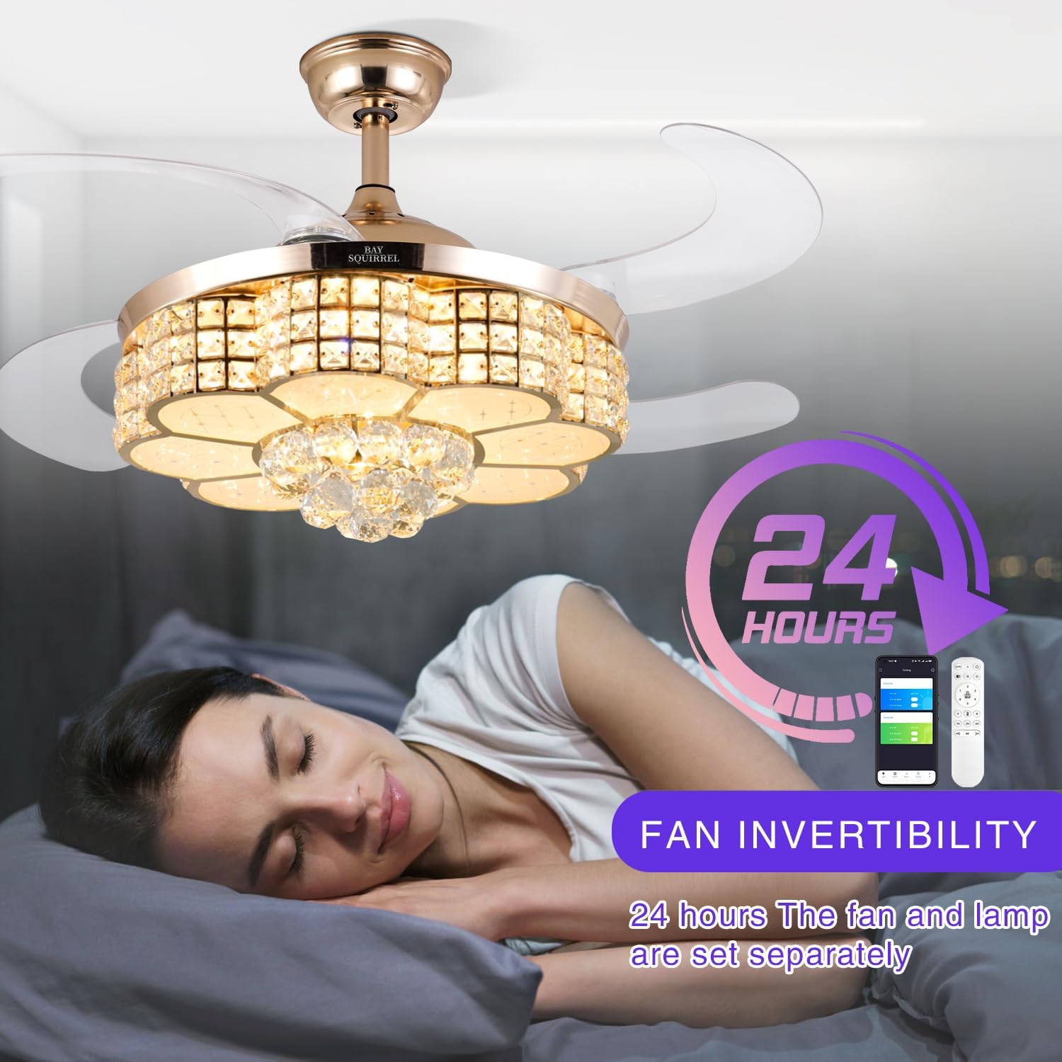 BAYSQUIRREL Retractable Crystal Ceiling Fan with Light, Bluetooth Ceiling Fan with Speaker, RGB-LED Light 6 Speed Reversible Low Profile Modern Invisible Ceiling Fan,Remote and APP Control
