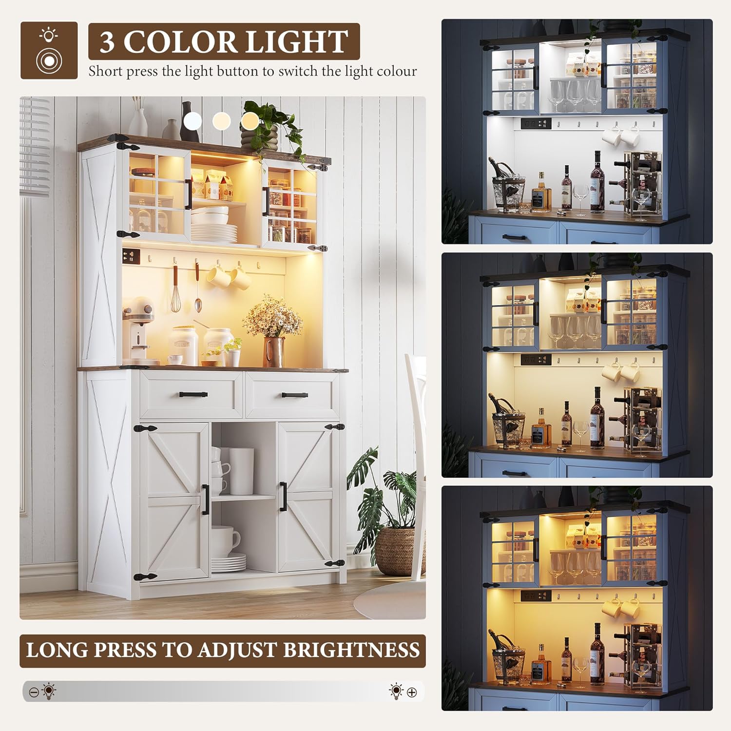 (Clearance price, only GH₵ 490) HWB Coffee Bar Cabinet with Power Outlets, Farmhouse Buffet Sideboard with Barn Door and 3 Color LED Lights, Home Liquor Bar w/Storage Shelves for Dining Room,Antique White