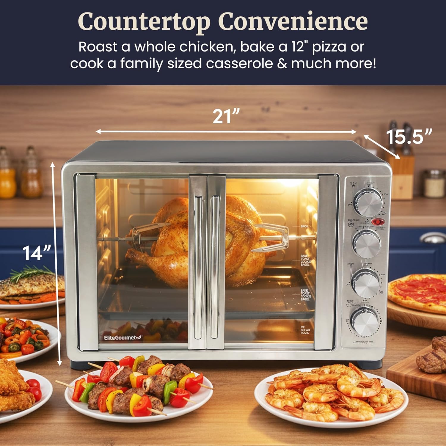 Elite Gourmet ETO-4510M French Door 47.5Qt, 18-Slice Convection Oven 4-Control Knobs, Bake Broil Toast Rotisserie Keep Warm, Includes 2 x 12" Pizza Racks