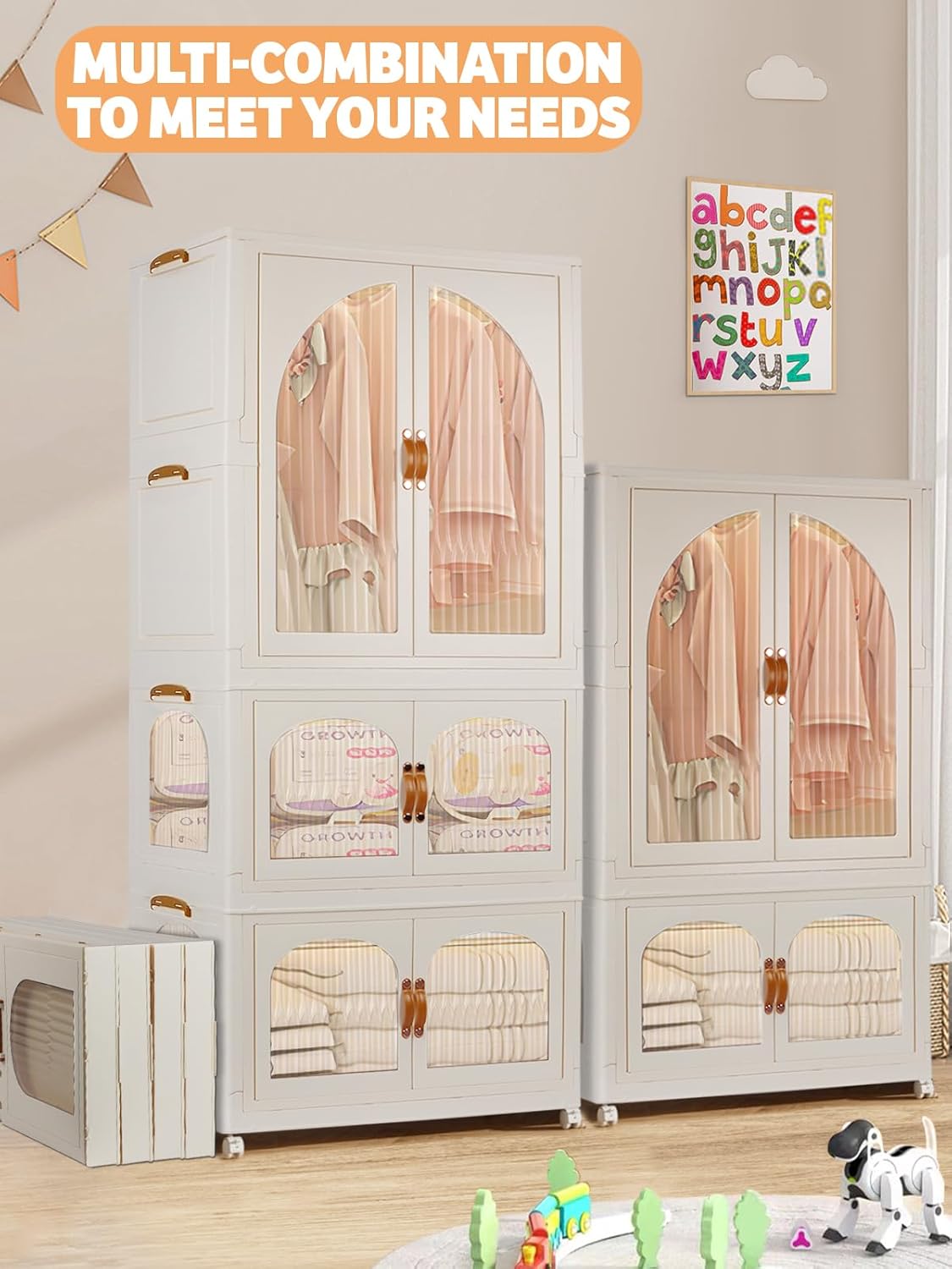 Kalolary Portable Kids Closet, Children's Wardrobe Collapsible Plastic Wardrobe with Wheels Foldable Baby Clothes Cabinet Toddler Dresser Storage Organizer with Hanging Rod & 10 Hangers