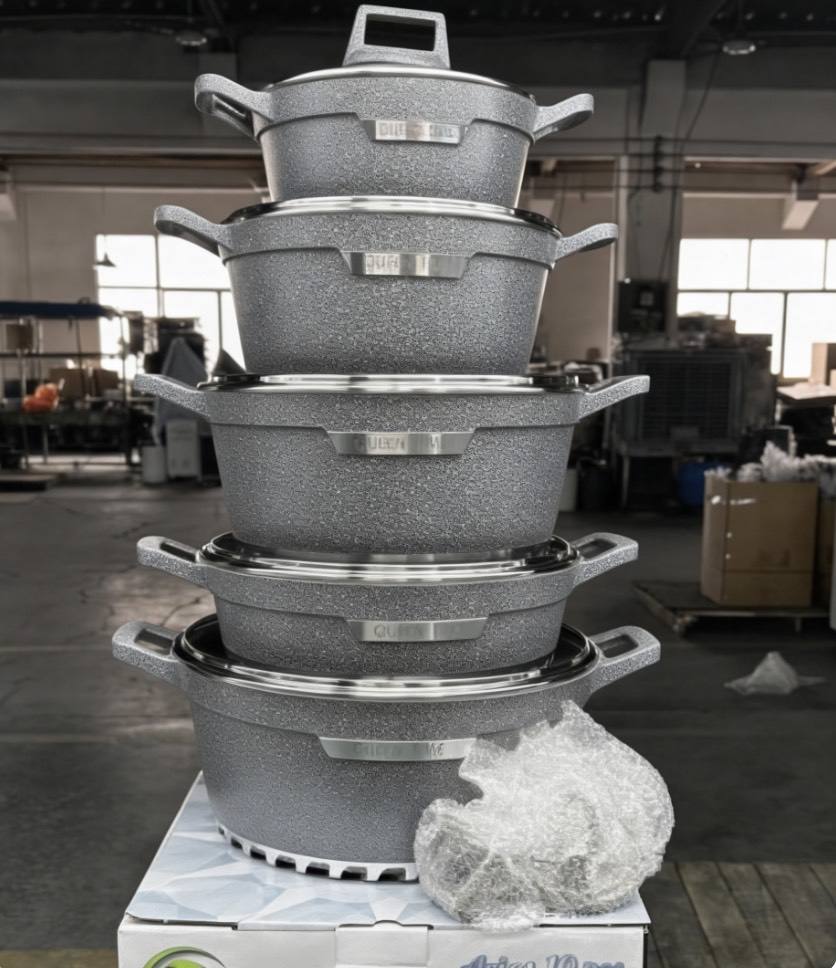 📣 [Factory wholesale price] Luxury 10Pcs Granite Coating Cast Aluminum Cookware Set 20 24 28 32cm Casserole and 28cm Shallow Soup Pot