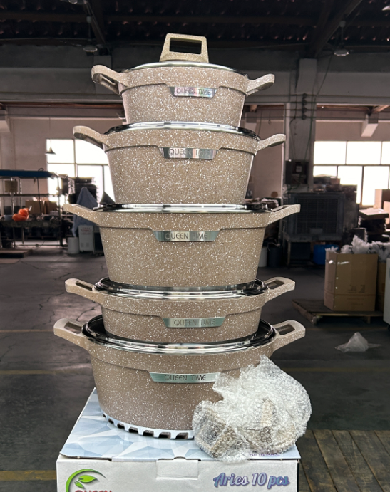 📣 [Factory wholesale price] Luxury 10Pcs Granite Coating Cast Aluminum Cookware Set 20 24 28 32cm Casserole and 28cm Shallow Soup Pot