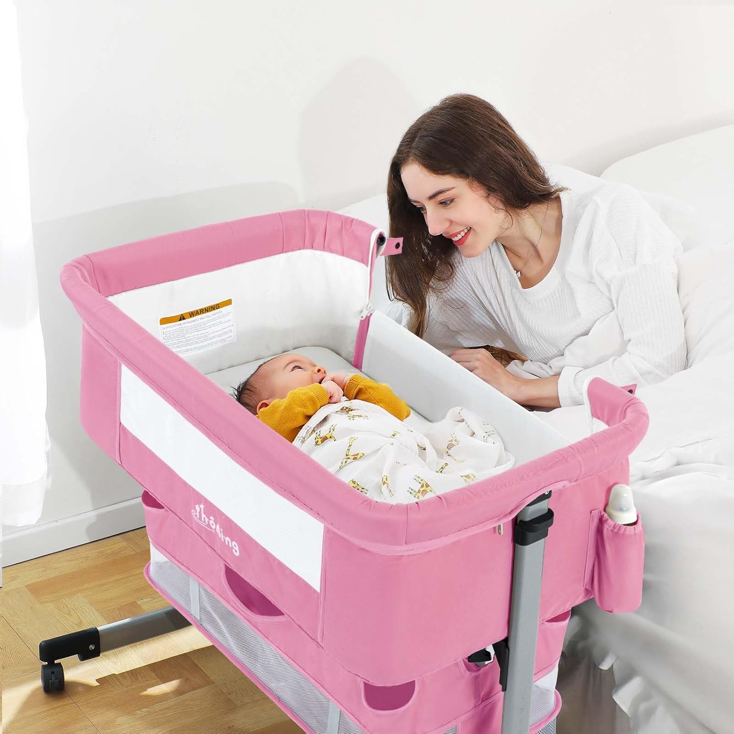 🔥【Final Discount - GH₵ 318】Ihoming Baby Bassinet Bedside Sleeper, Baby Bed Side Crib with Storage Basket, Easy Folding Bassinets, Adjustable Baby Bed for Infant Newborn