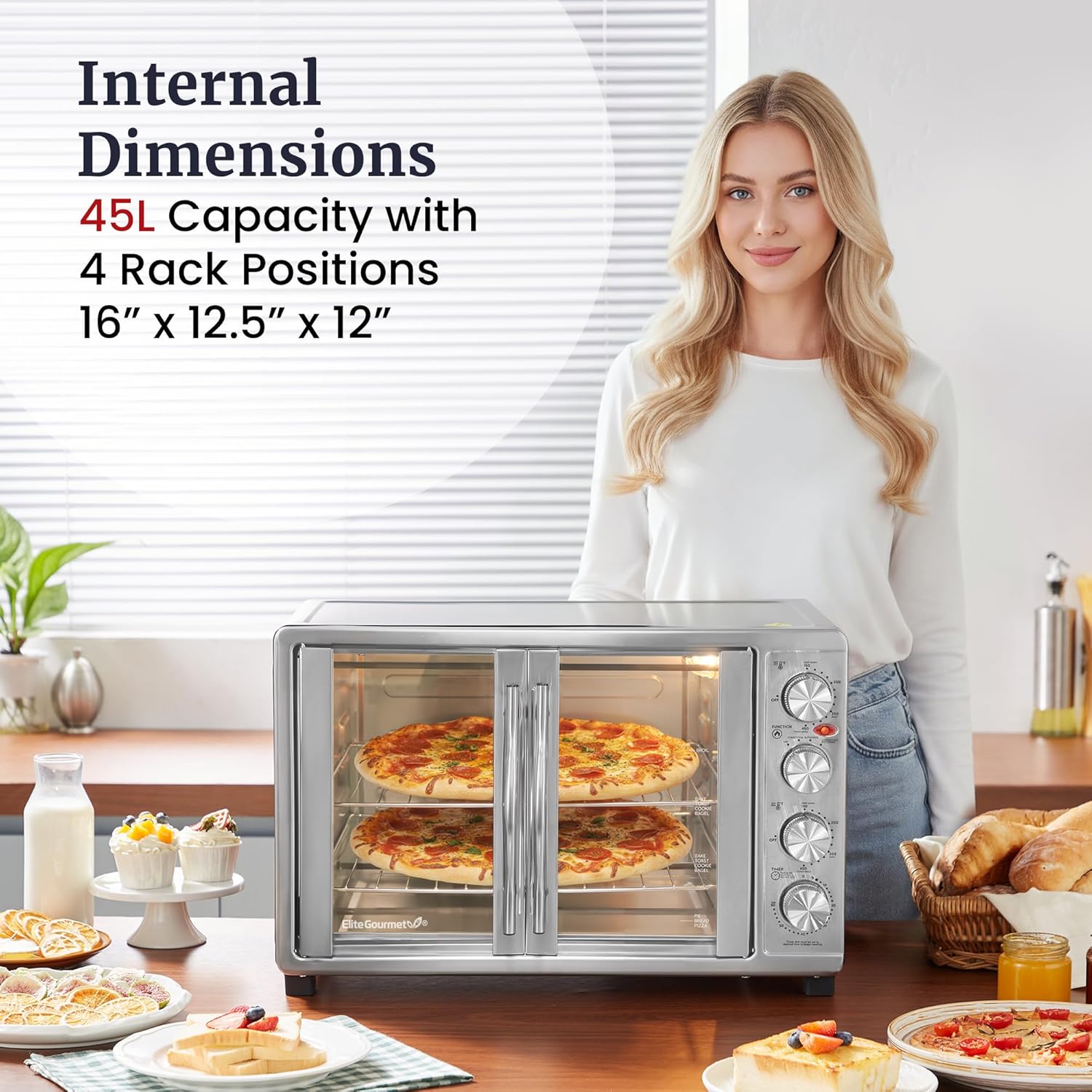 Elite Gourmet ETO-4510M French Door 47.5Qt, 18-Slice Convection Oven 4-Control Knobs, Bake Broil Toast Rotisserie Keep Warm, Includes 2 x 12" Pizza Racks