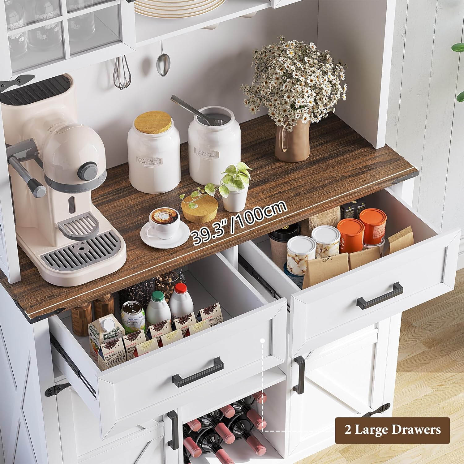 (Clearance price, only GH₵ 490) HWB Coffee Bar Cabinet with Power Outlets, Farmhouse Buffet Sideboard with Barn Door and 3 Color LED Lights, Home Liquor Bar w/Storage Shelves for Dining Room,Antique White