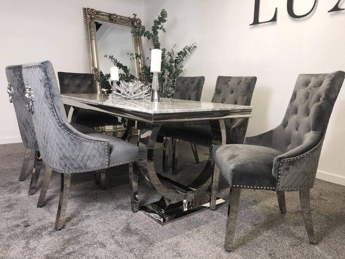 😍 Last 3 sets for clearance sale 😍 Arianna 1.8m Grey Marble Mirrored Dining Table and 6 Lion Head Chairs Set