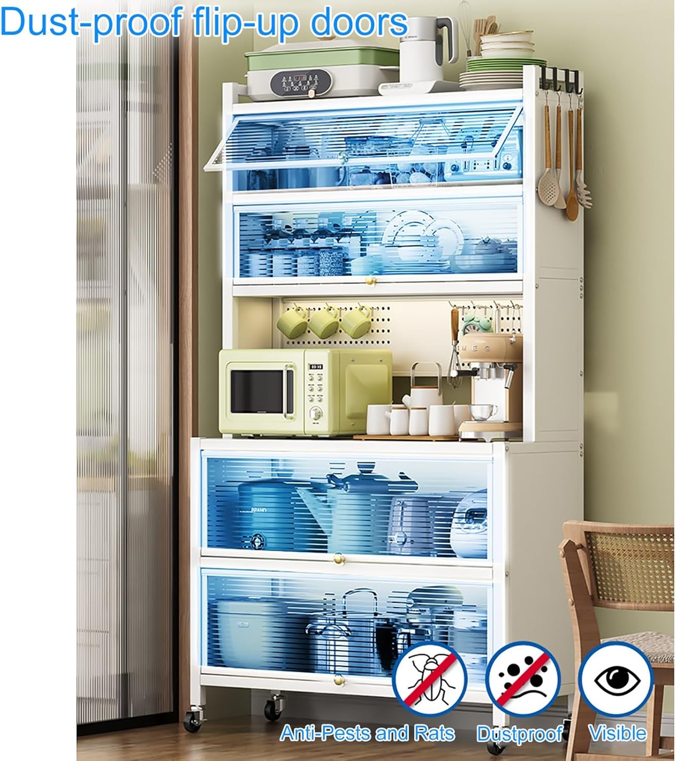 Kitchen Baker's Rack with Flip Door Cabinet, Kitchen Storage Cabinets, Large Kitchen Cabinet for Dishes, Pots and Pans