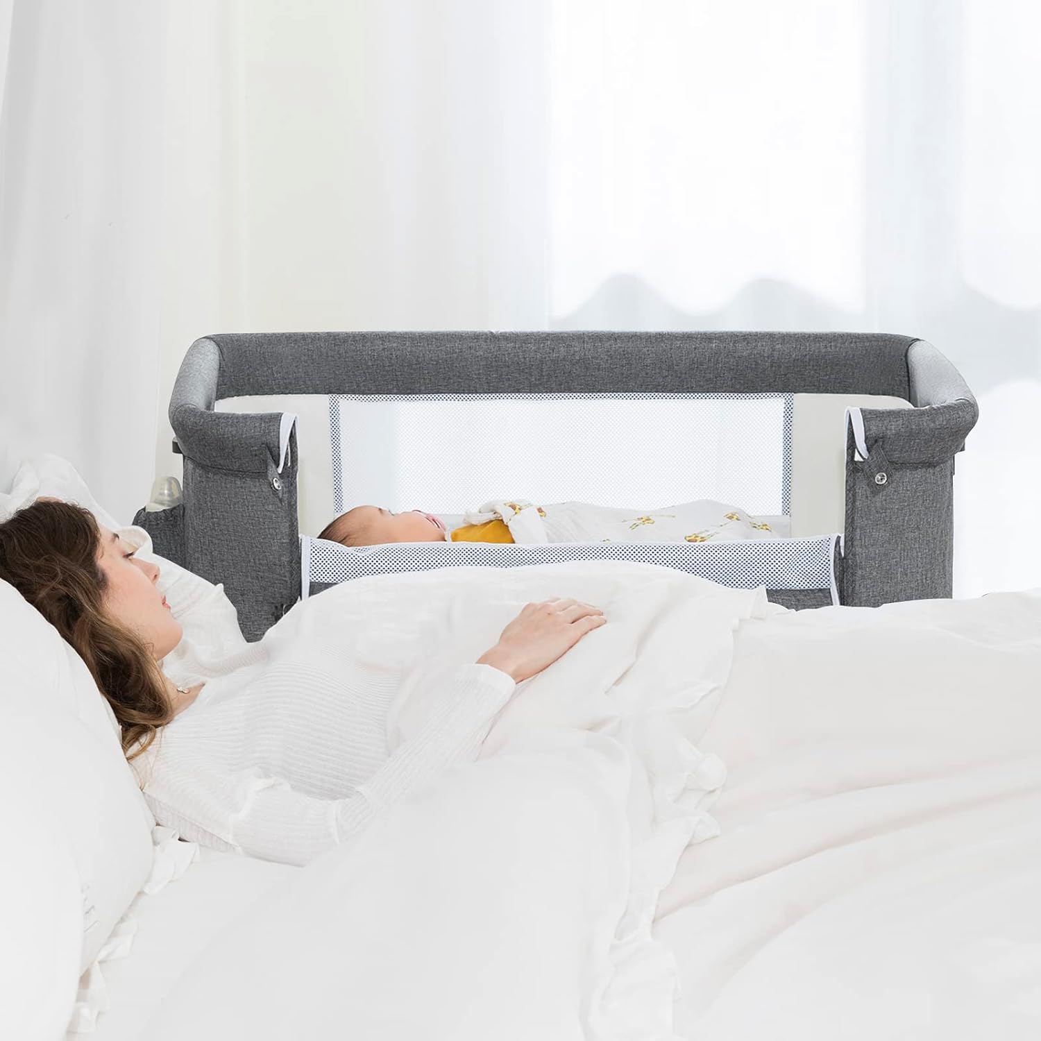 🔥【Final Discount - GH₵ 318】Ihoming Baby Bassinet Bedside Sleeper, Baby Bed Side Crib with Storage Basket, Easy Folding Bassinets, Adjustable Baby Bed for Infant Newborn