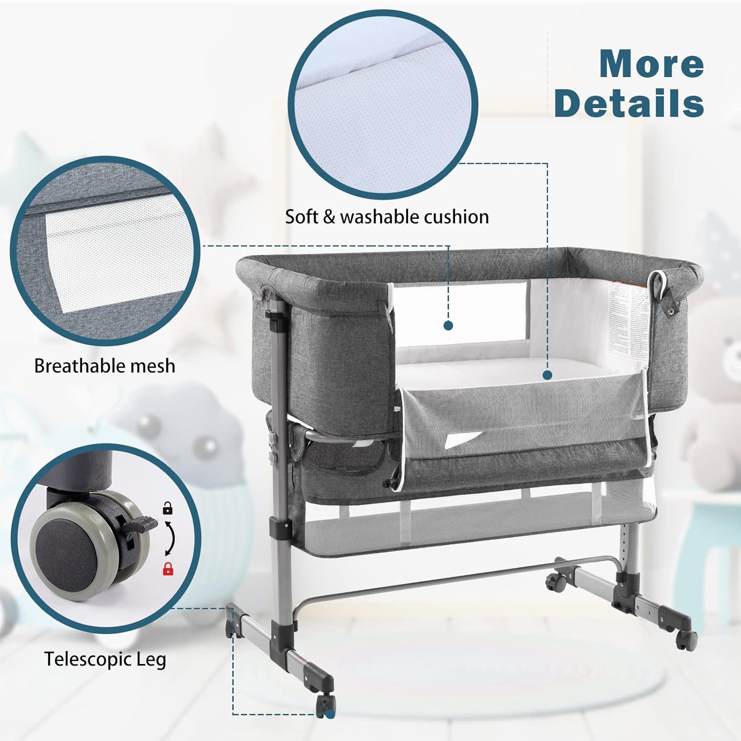 🔥【Final Discount - GH₵ 318】Ihoming Baby Bassinet Bedside Sleeper, Baby Bed Side Crib with Storage Basket, Easy Folding Bassinets, Adjustable Baby Bed for Infant Newborn